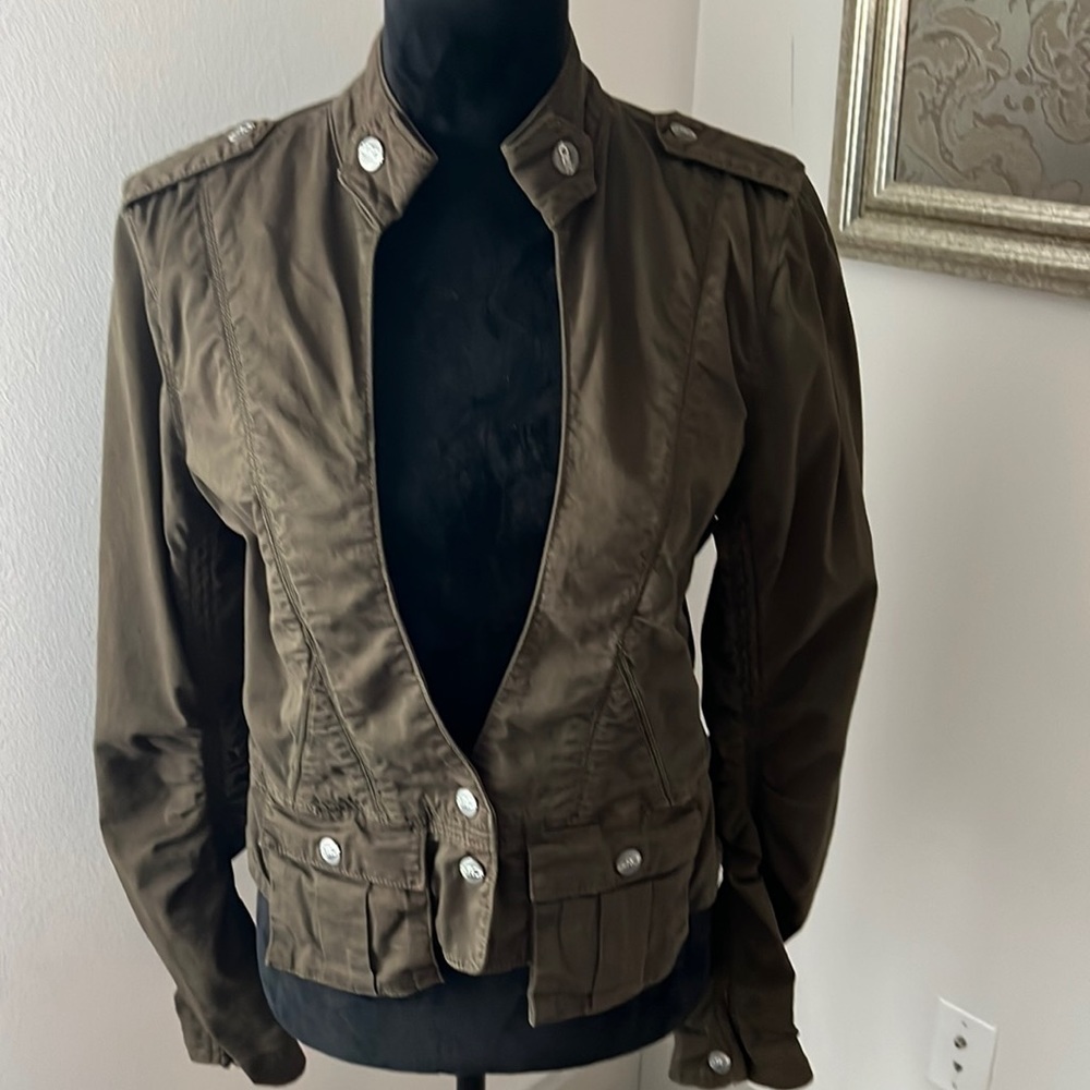 LaROK army green v cleavage gathered sleeves cropped jacket Sz M